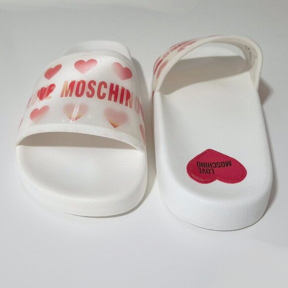 NWOT Love Moschino red & white heart print hologram flat pool slide sandals, 41 - Picture 15 of 16
